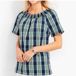 Talbots Plaid Smocked Neck Top L